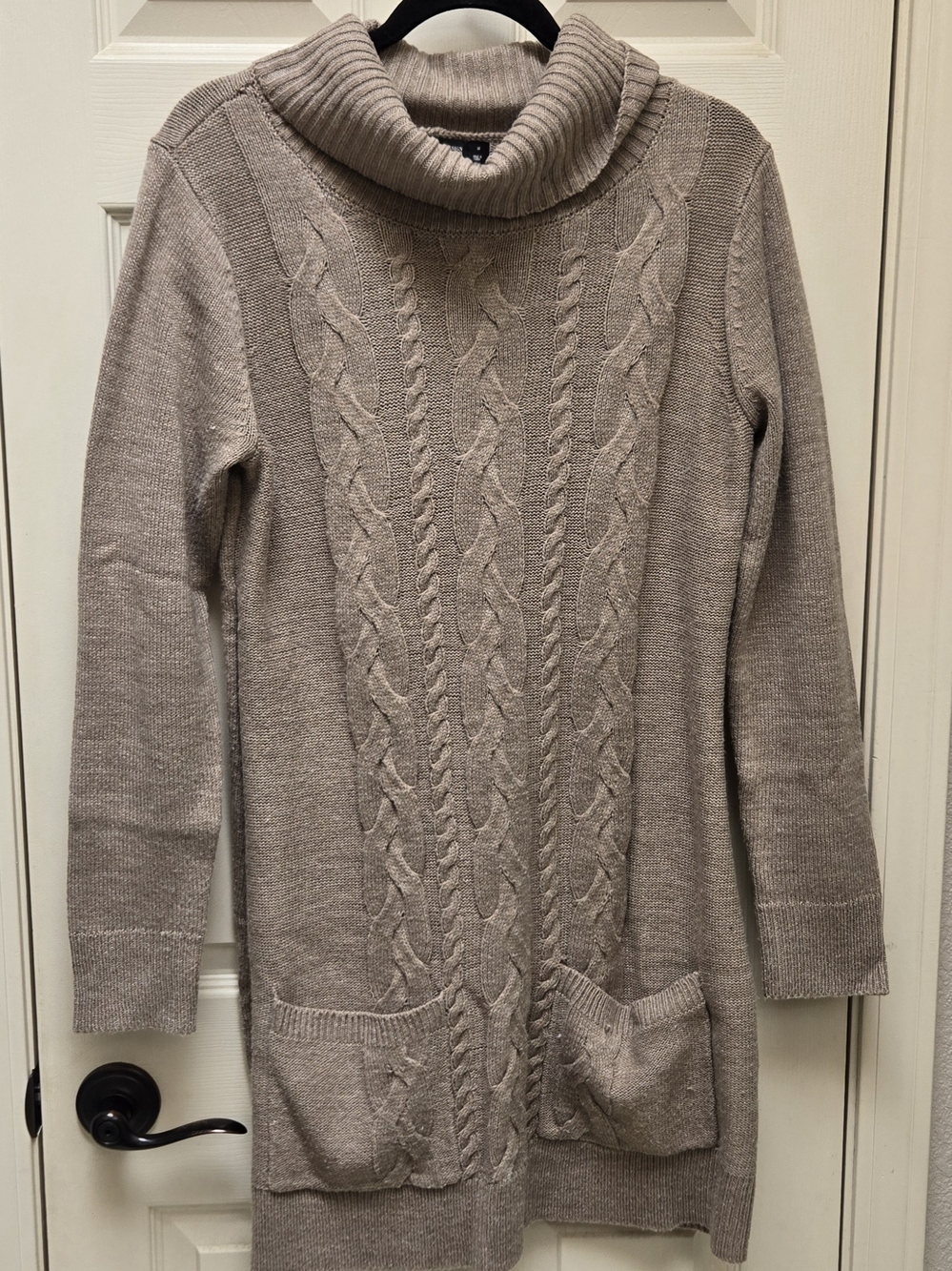 New York & Company Taupe Cable Knit Cowl Neck Sweater Dress, Medium
